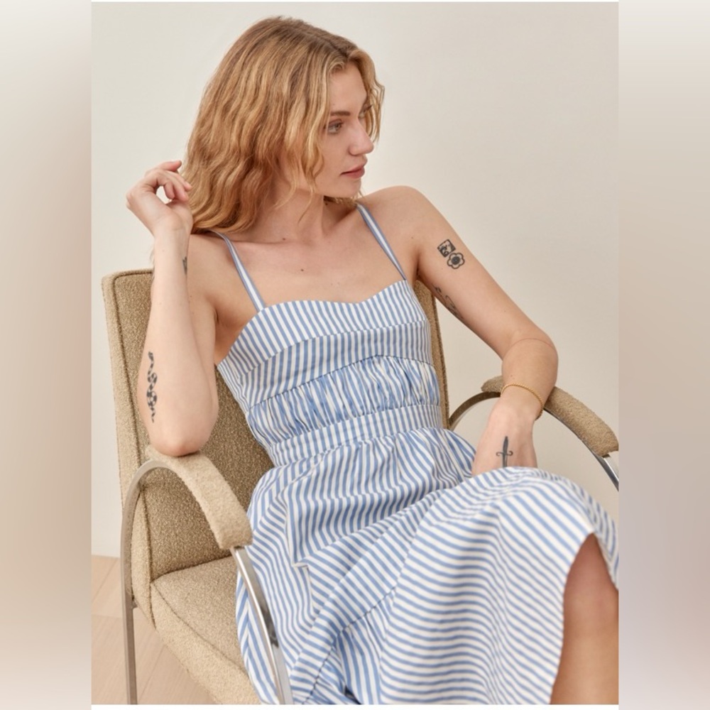 Reformation Lauretta Dress Blue & White in Monday Stripe - size 10
